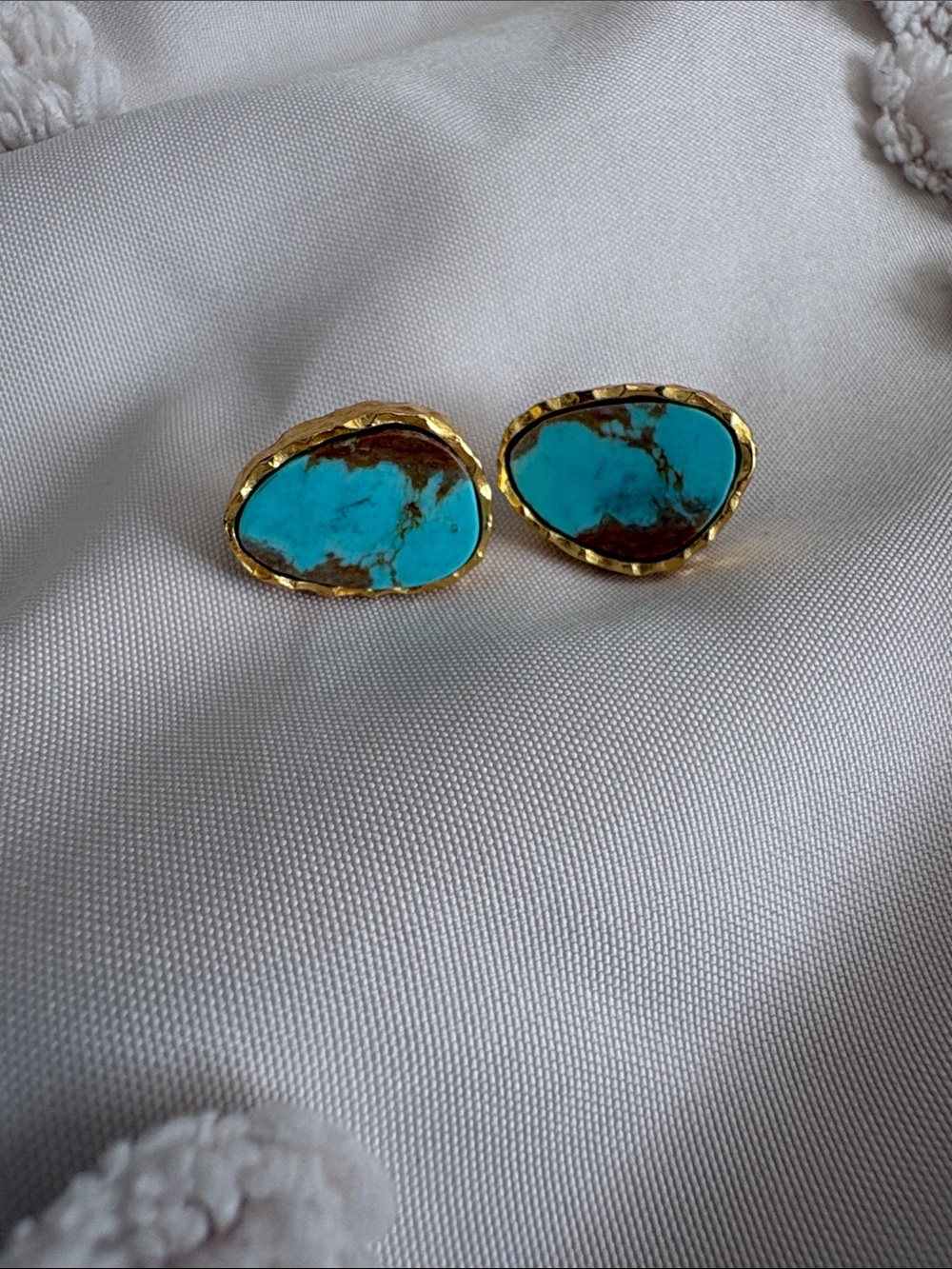 Gold-Trim Turquoise Stone Stud Earrings by